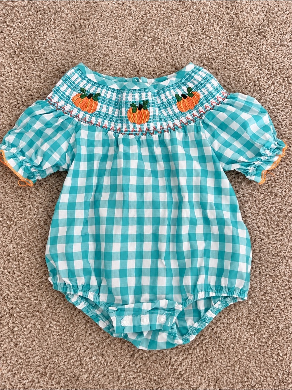 Gingham Pumpkin Smocked Baby Romper